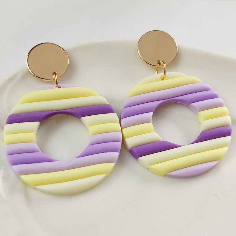 Handmade Rainbow Stripe Clay Earrings - Multicolor Geometric Hoop Design