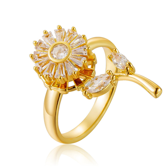 Wholesale diamond-encrusted sunflower and lucky clover rotating open rings