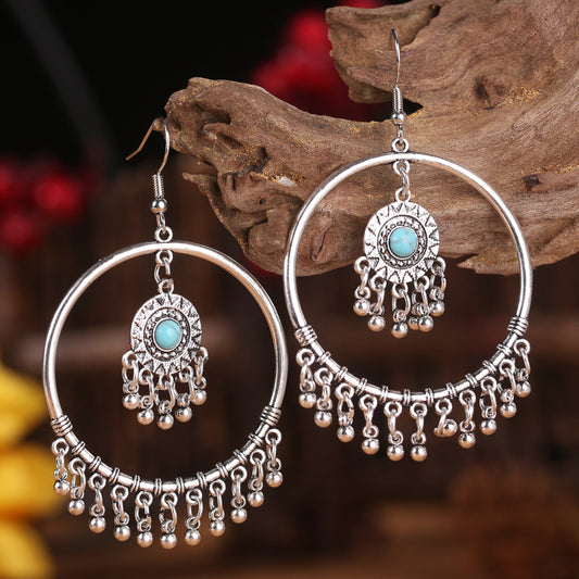 Bohemian Ethnic Vintage Alloy Tassel Earrings with Turquoise Hoops