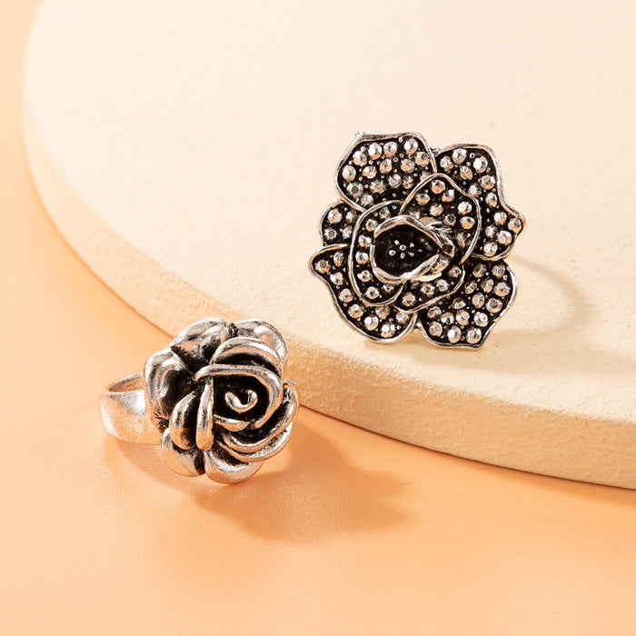 Vintage rose ring two-piece alloy three-dimensional flower combination