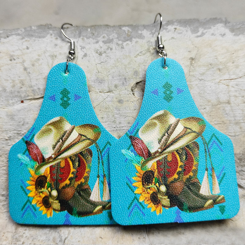 Cross Teardrop Leather Earrings with Western Flag Sunflower and Boot Design - wallojewerly 