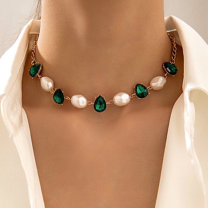 Baroque Pearl Necklace with Emerald Gemstone Inlay - Geometric Water Drop Pendant for Women