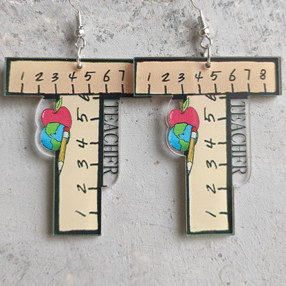 Leopard Print Teacher Earrings with Apple, Rainbow, and Pencil Designs