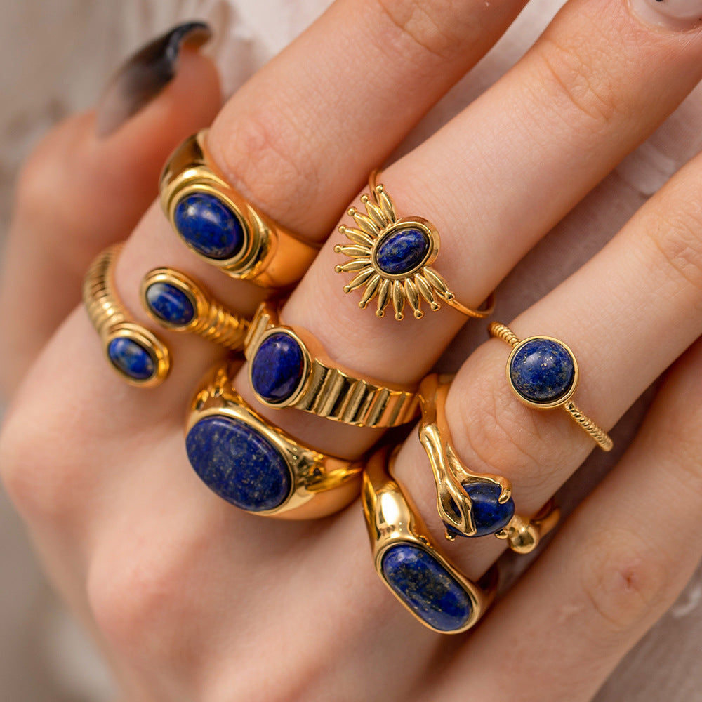 Vintage Palace Style Titanium Steel Ring with Lapis Lazuli Necklace - High-End Jewelry for Women