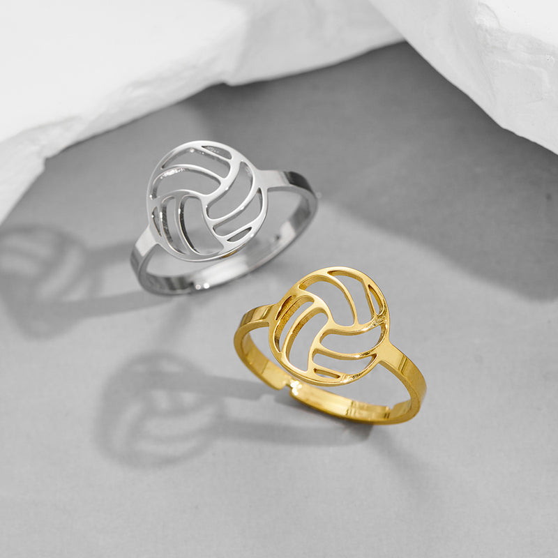 Stainless steel hollow volleyball rings, 18K gold electroplated open geometric rings wholesale