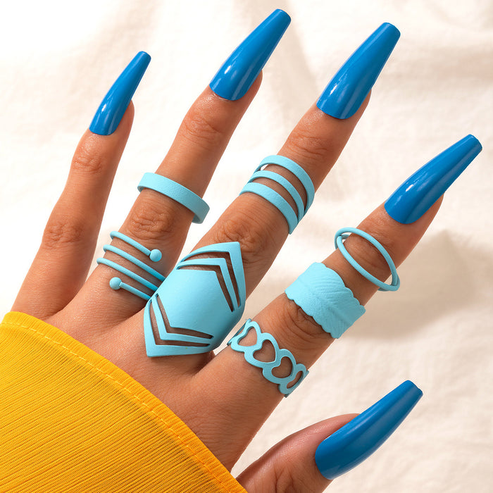 Blue leaf heart shaped geometric ring 7-piece set