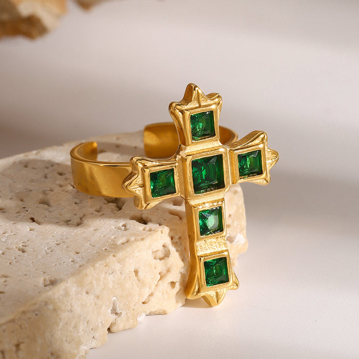 Stainless Steel Cross Zircon Open Ring