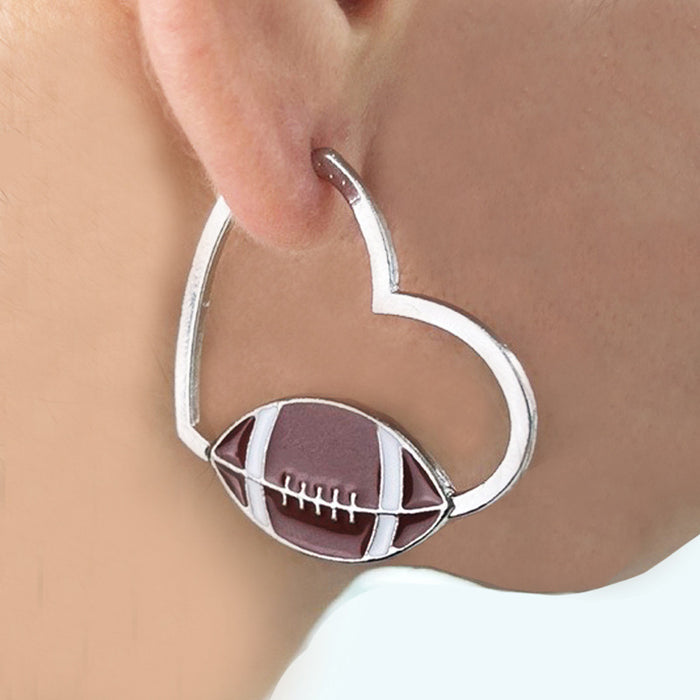 Metal Sports Theme Hoop Earrings with Basketball, Football, and Heart Designs