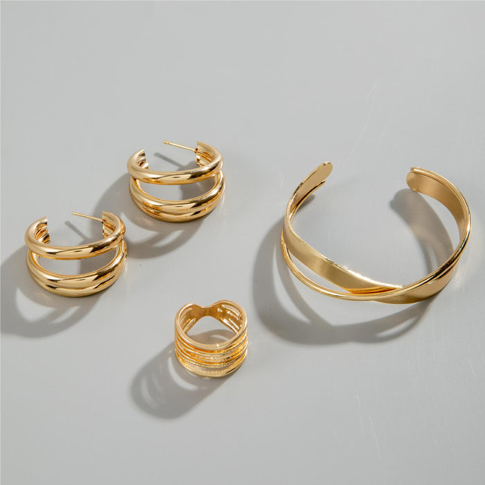 Retro Geometric Hoop Earrings with Asymmetric Cuff Bracelet - Minimalist Design