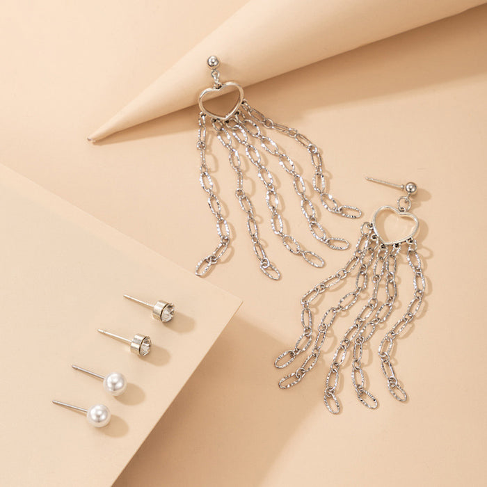 Geometric tassel earrings three-piece metal diamond stud earrings combination set