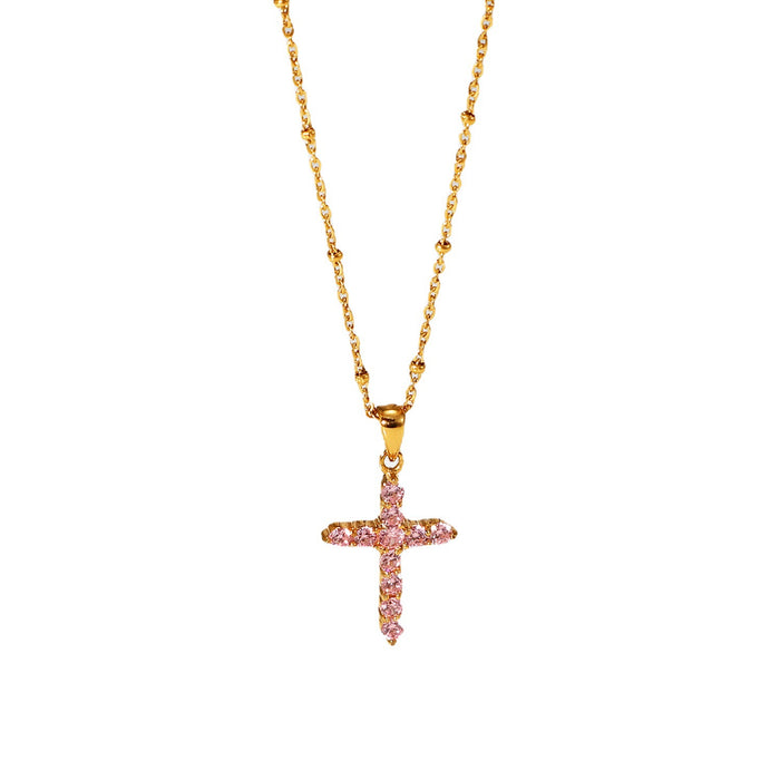 Trendy 18K Gold-Plated Stainless Steel Necklace - Pink Zircon Cross Pendant, Popular Women's Jewelry