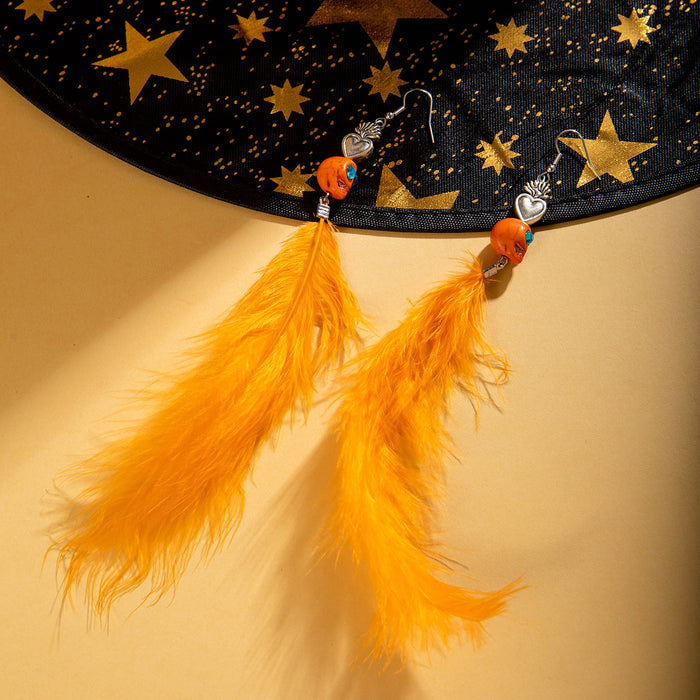 Orange tassel feather earrings skull heart Halloween personality earrings for women