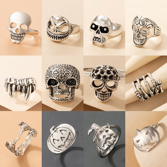 Anillo de zodíaco hip-hop punk con calavera de Halloween