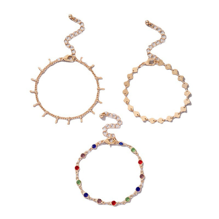 Exaggerated Gold Three-Layer Bracelet Set - Multicolor Stone and Chain Jewelry