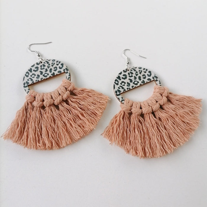 Bohemian Handwoven Tassel Fan-Shaped Earrings with Morandi Color and Leopard Print