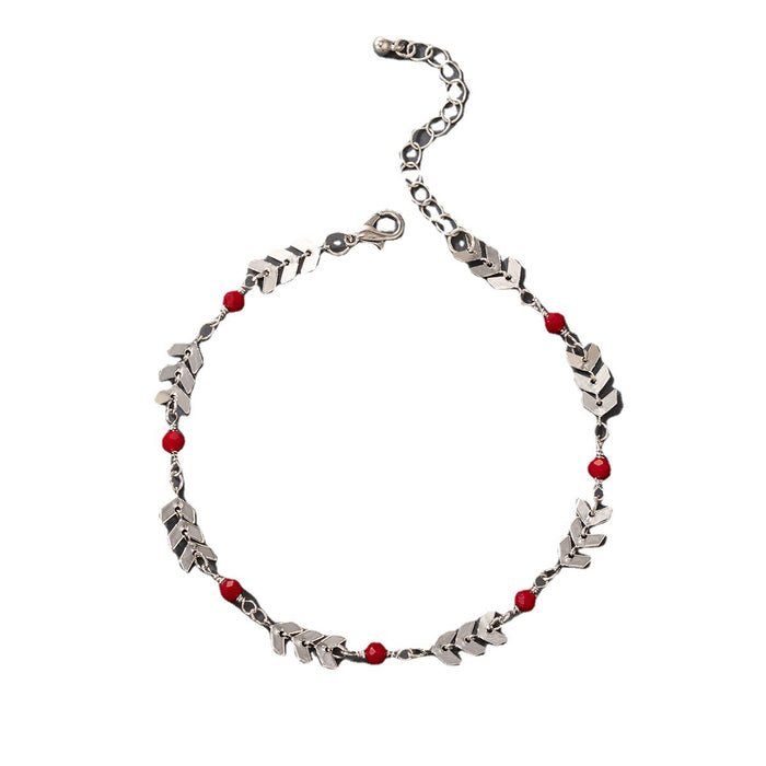 Simple Silver Airplane Chain with Red Seed Bead Single Layer Anklet