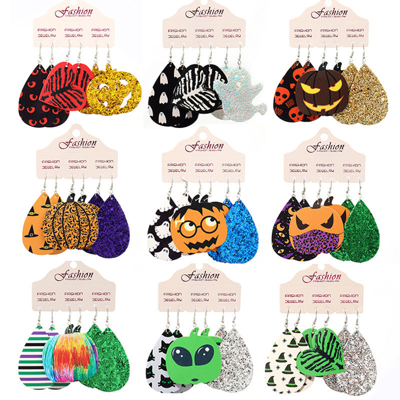 Halloween PU Leather Earring Set with Exaggerated Pumpkin and Alien Design - wallojewerly 
