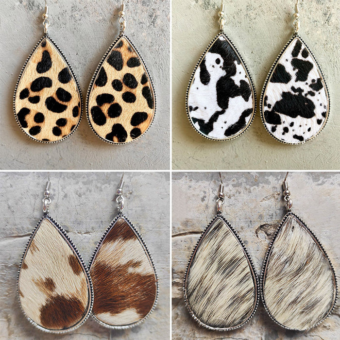 Textured Cowhide Leather Earrings with Leopard Print and Western Style