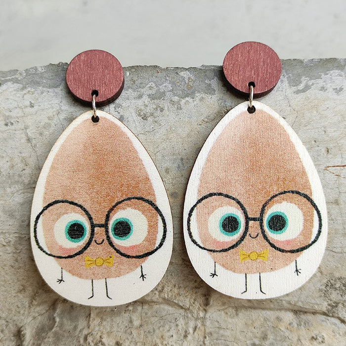 Wooden Egg Earrings with Glasses for School Season