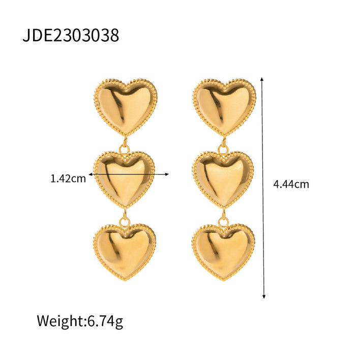 18K Gold Plated Stainless Steel Triple Heart Tassel Earrings - Trendy Fashion Jewelry for Women