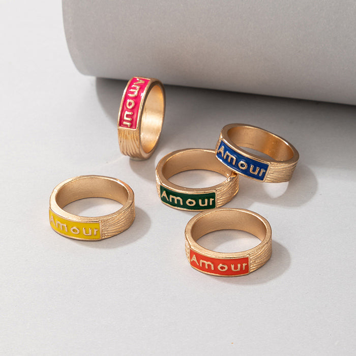 Colorful oil dripping letters simple 5-piece ring set