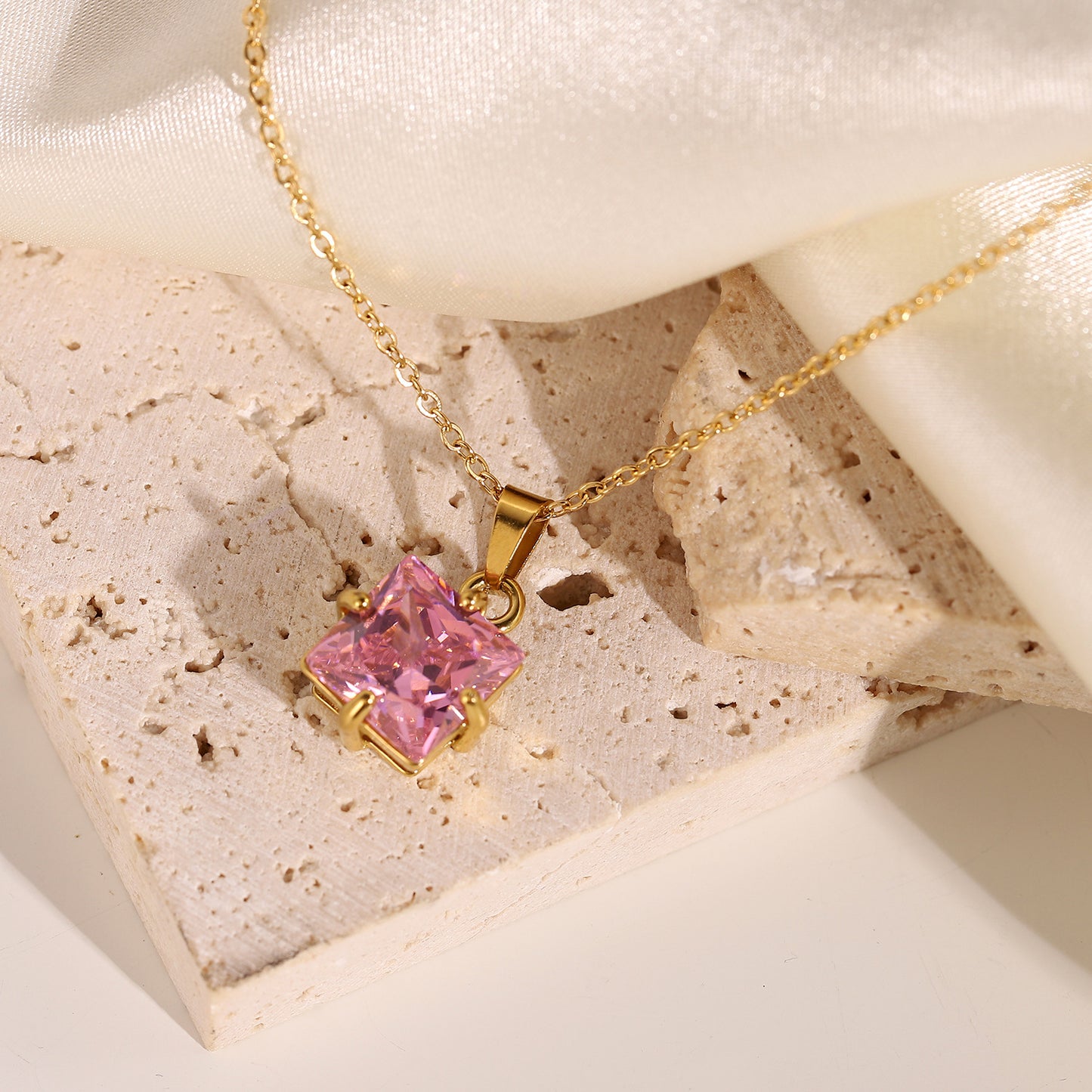 18K Gold-Plated Stainless Steel Necklace - White, Pink, and Green Square Zircon Pendants for Women