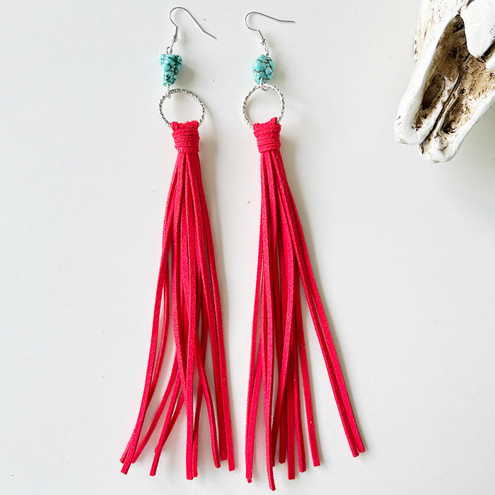 Exaggerated Western Bohemian Leather Tassel Earrings with Turquoise Hoops