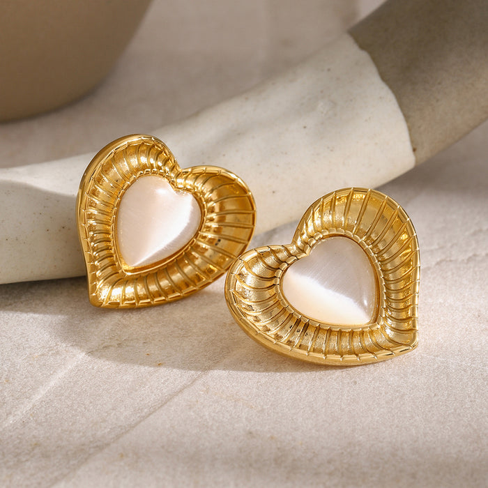 18K Gold Stainless Steel Heart Earrings - White Cat's Eye Stone Design Jewelry