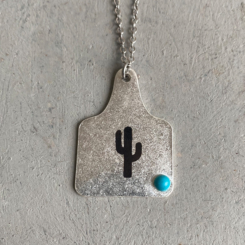 Western Cowboy Necklace with Vintage Cactus, Bull Head, and Turquoise - Wild Style