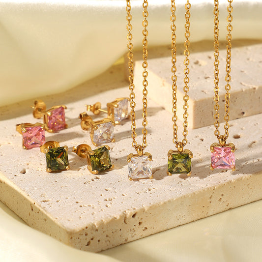 18K Gold-Plated Stainless Steel Necklace - White, Pink, and Green Square Zircon Pendants for Women