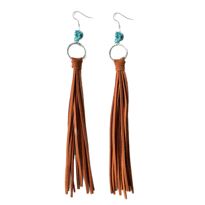 Exaggerated Western Bohemian Leather Tassel Earrings with Turquoise Hoops