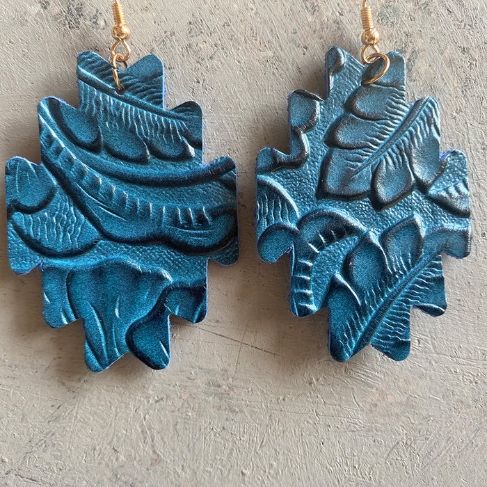 Western Cowboy Earrings with Aztec Trim and Embossed Leather Design