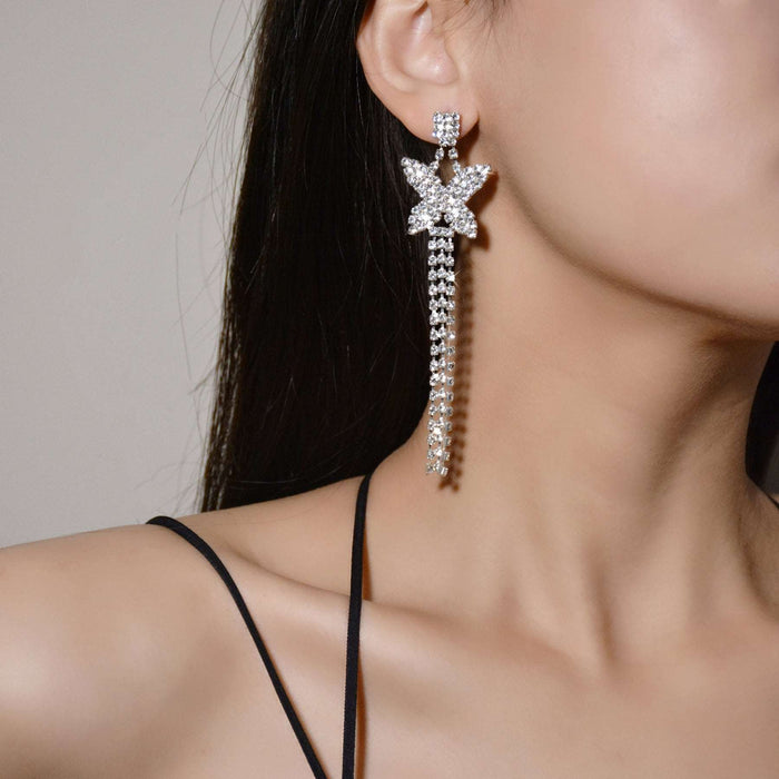 Geometric alloy diamond and rhinestone long tassel earrings