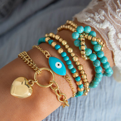 Turquoise and Multicolor Bead Bracelet Set with Heart Charm - Six Pieces