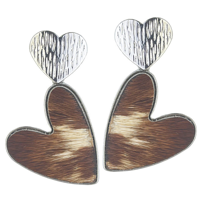 Metal Double Heart Earrings with Cow Print and Leopard Print Leather Design