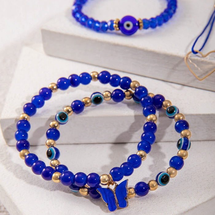 Handcrafted Blue Evil Eye Beaded Bracelet Set - Creative Butterfly Heart Jewelry