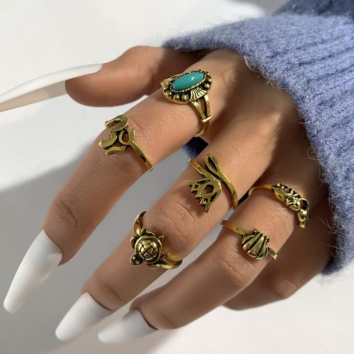 Ocean Style Turtle Shell Turquoise Leaf Ring 6-Piece Set