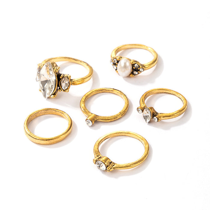 Bohemian Vintage Gold Diamond Pearl Ring 6-Piece Set