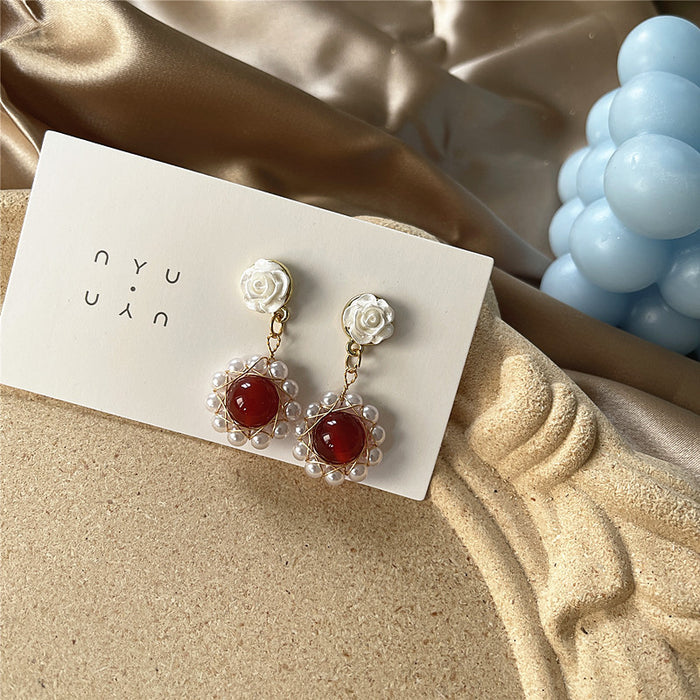 Pearl red agate earrings Baroque retro court style earrings