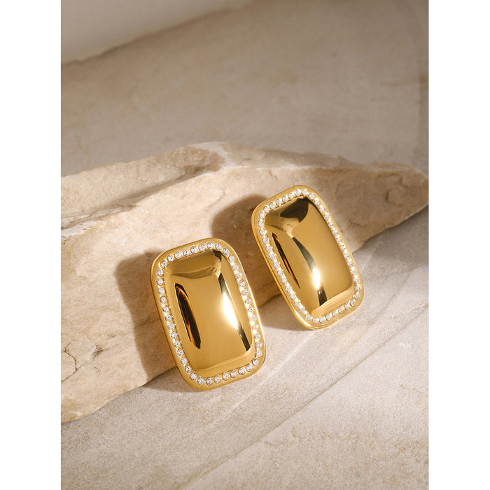 Designer 18K Gold Plated Stainless Steel Rectangular Zircon Inlaid Earrings - High-End Jewelry for Women