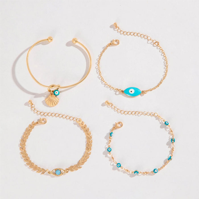 Bohemian Style Multicolor Evil Eye Bracelet Set with Shell Pendants - Vacation Vibes, Four Pieces