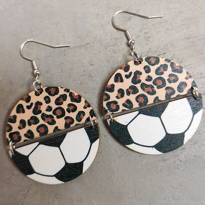 Sports Leopard Earrings with Half Circle Patchwork Baseball, Football, and Basketball Designs