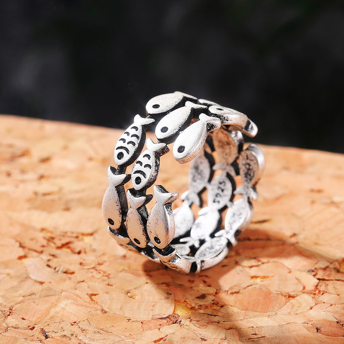 Vintage distressed wide three-layer fish ring cute ring