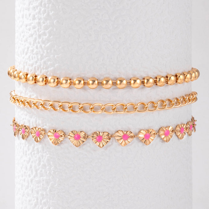 Pink Enamel Heart Triple-Layer Anklet with Geometric Arc Chain Design