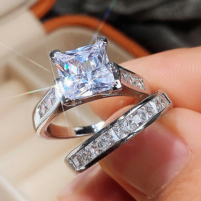 Women's Square Diamond Zircon Couple Ring Set