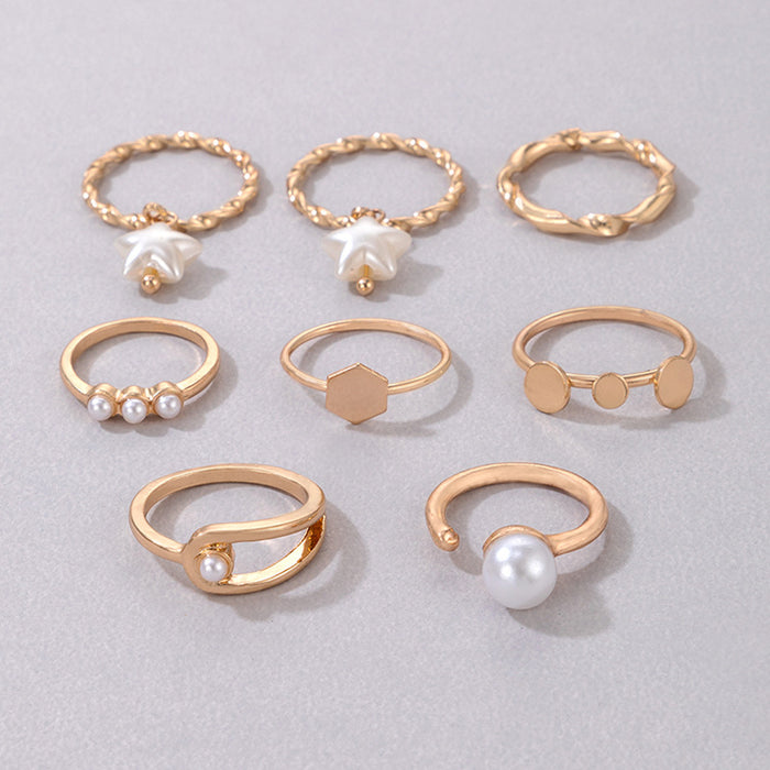 Pearl five-pointed star inlaid ring set, geometric irregular simple eight-piece set