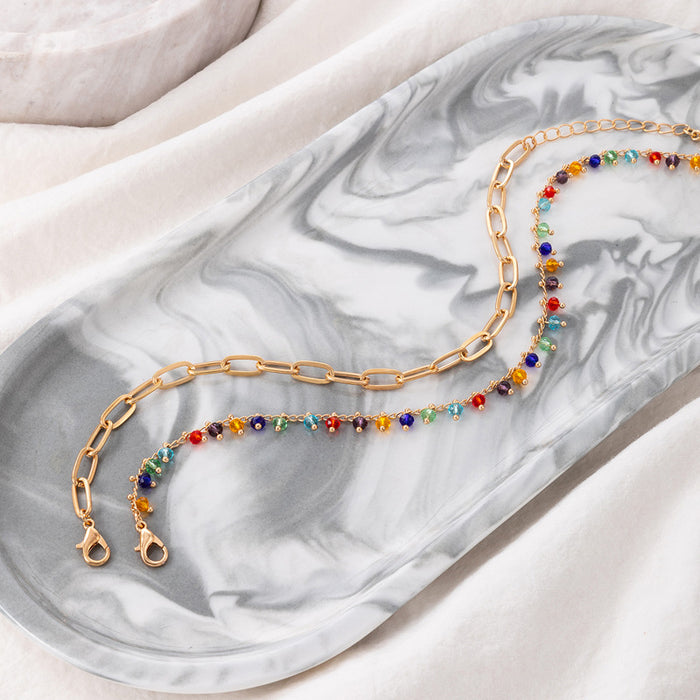 Colorful Double-Layer Beaded Anklet with Geometric Bead Chain Design