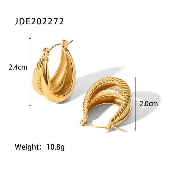 French Style New 18K Gold-Plated Double Layer Oval Ribbed Earrings - Fashionable Jewelry for Women