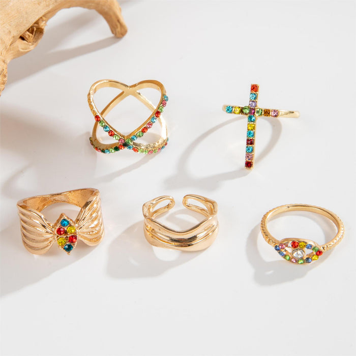 Colorful Diamond Cross Ring Set – Fashionable Devil's Eye Rings, 5-Piece Collection