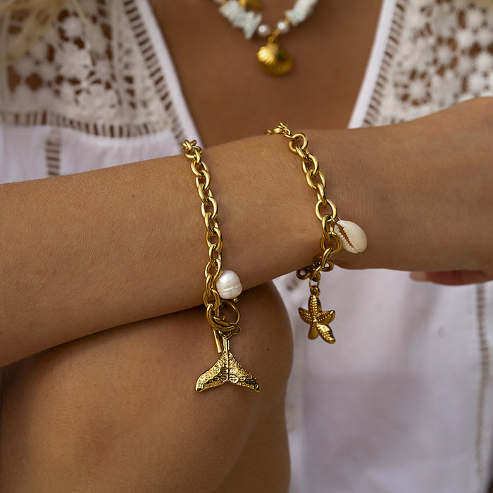 18K Gold Plated Stainless Steel Starfish, Shell, and Conch Bracelet - 2024 Summer Ocean Series Jewelry